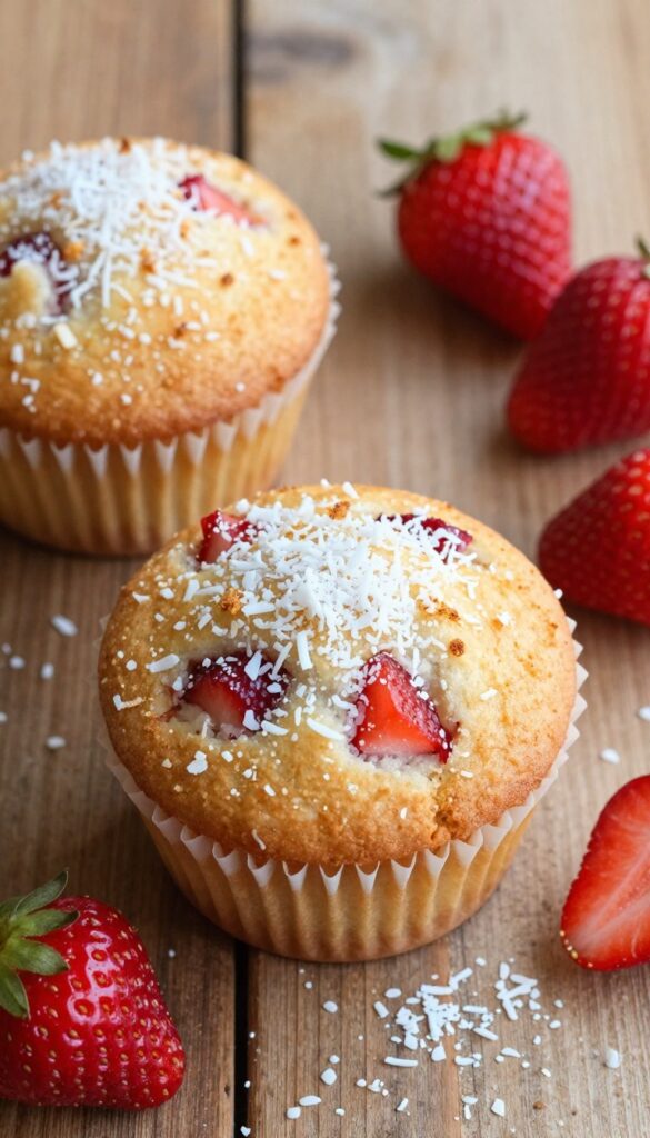 Freshly baked strawberry coconut muffin with toasted coconut topping on a wooden table, surrounded by fresh strawberries and coconut flakes.