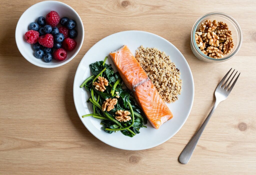 Brain-healthy MIND diet meal with salmon, spinach salad, berries, walnuts, and quinoa on a wooden table.