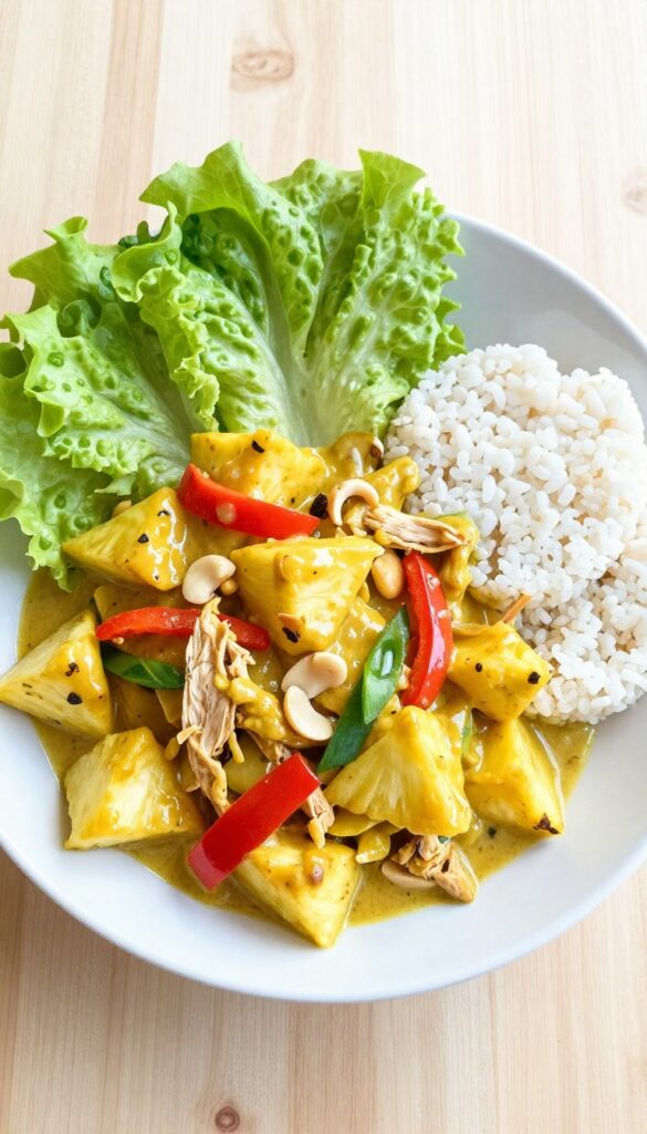 Tropical curry chicken salad with pineapple and macadamia nuts in a bowl, surrounded by lettuce cups and rice cakes.