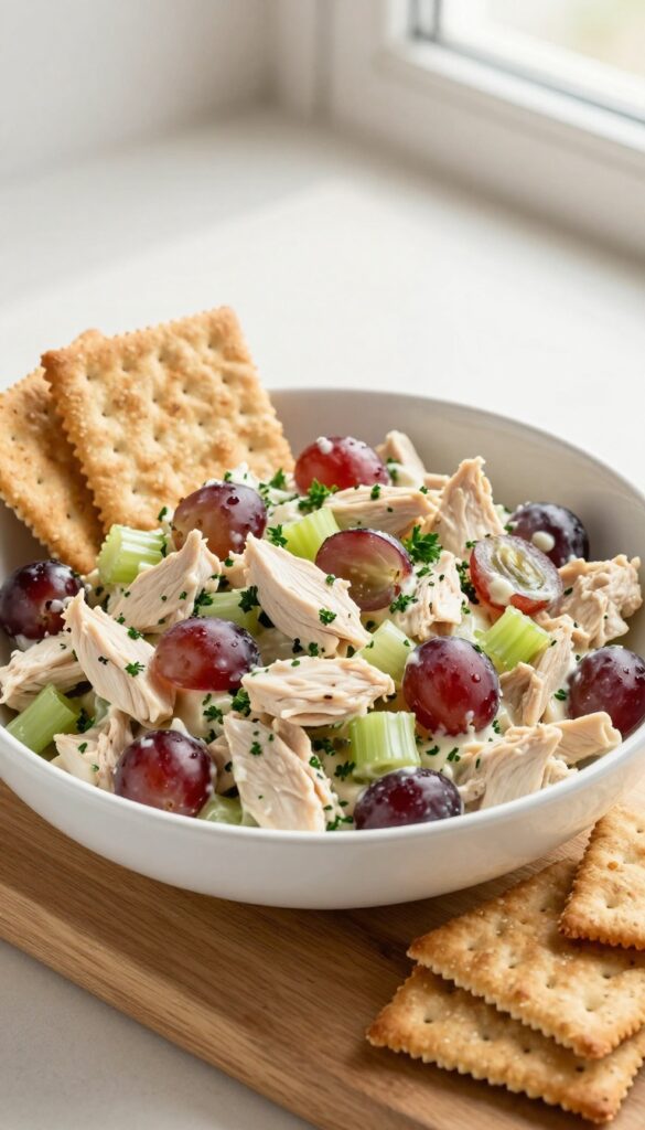 Classic creamy chicken salad with red grapes in a white bowl, served with whole-grain crackers on a wooden board.