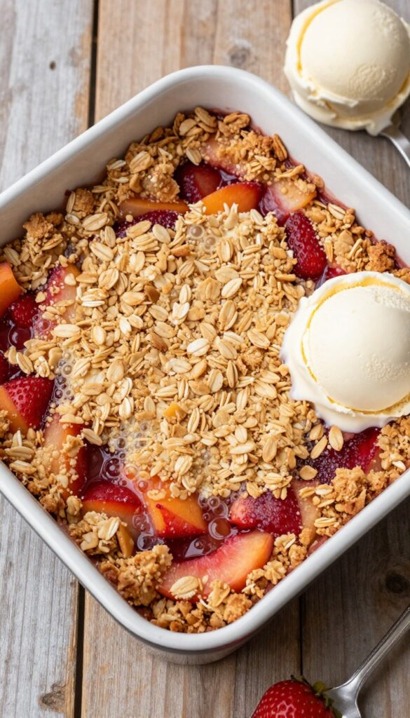 Strawberry peach summer crisp with oat crumble topping and vanilla ice cream