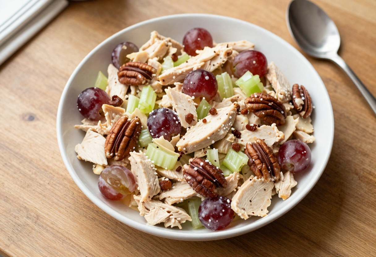 Bowl of creamy chicken salad with grapes and pecans on a wooden table