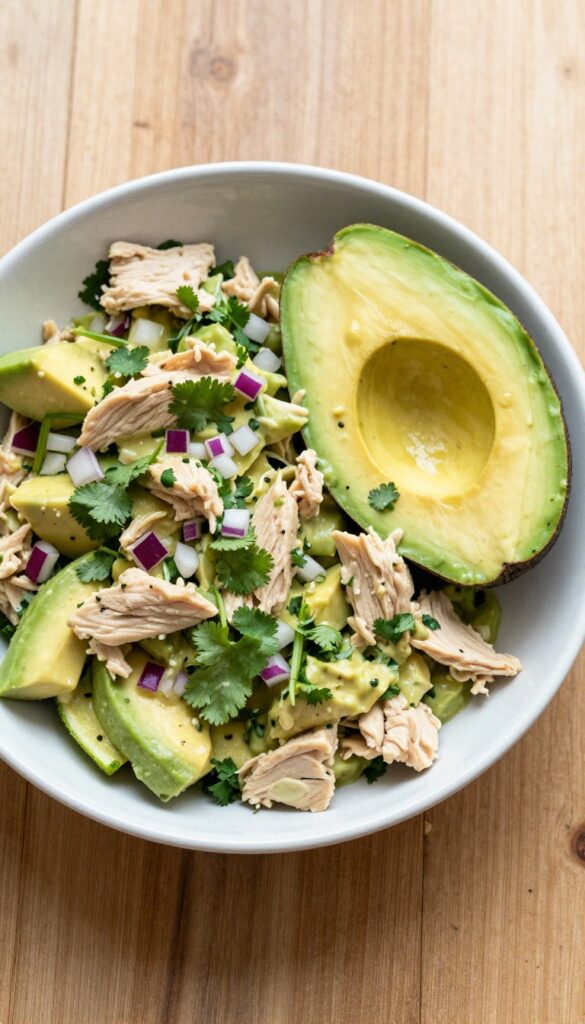 Avocado chicken salad in a bowl on a wooden table with avocado and lime.