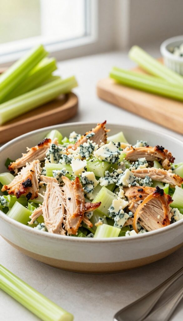 Creamy buffalo chicken salad with blue cheese crumbles and celery sticks in a rustic bowl on a wooden board.