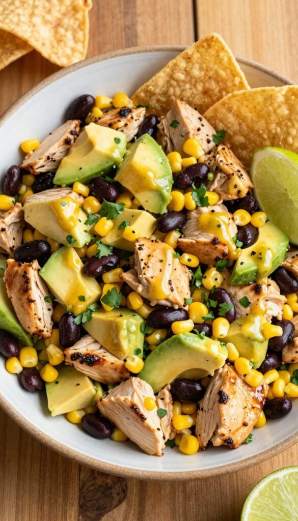 Fiesta chicken salad with black beans and avocado in a bowl with tostada shells
