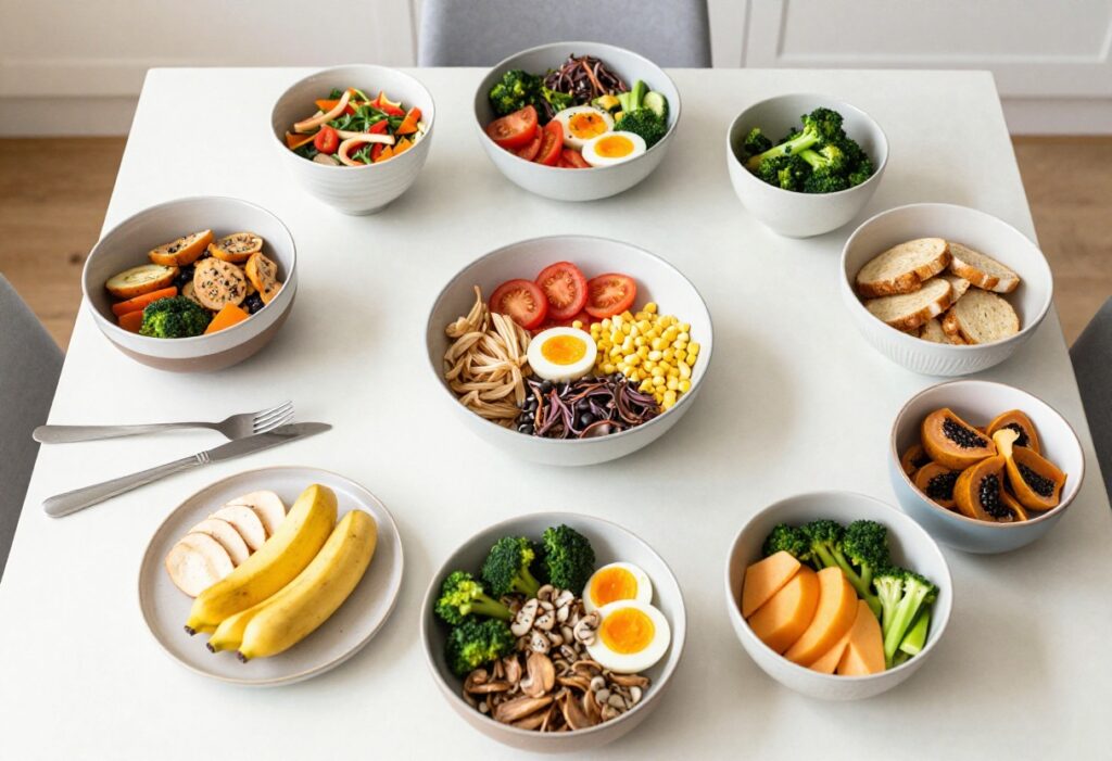 High fiber foods arranged on a table including oatmeal, sandwich, soup, and apple slices with almond butter.