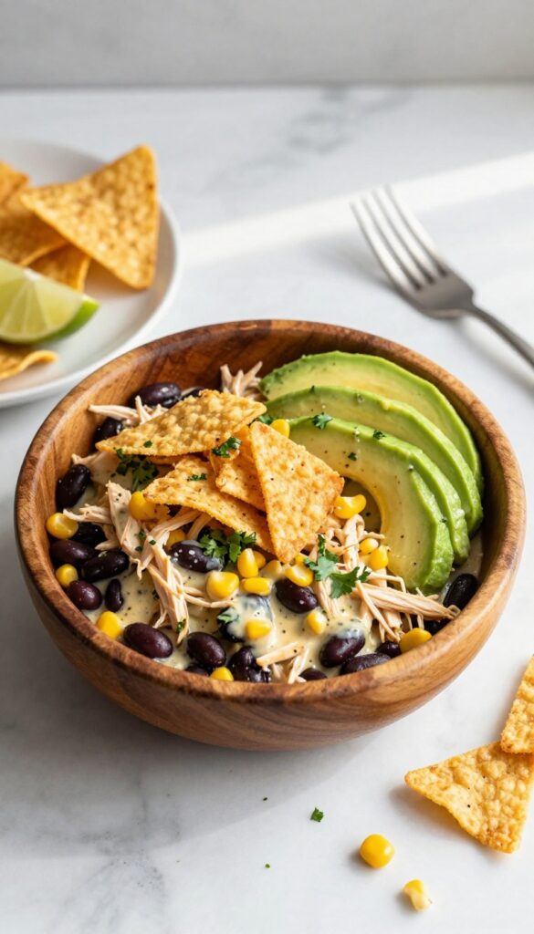Chipotle lime chicken salad with tortilla strips and avocado in a wooden bowl on marble countertop.