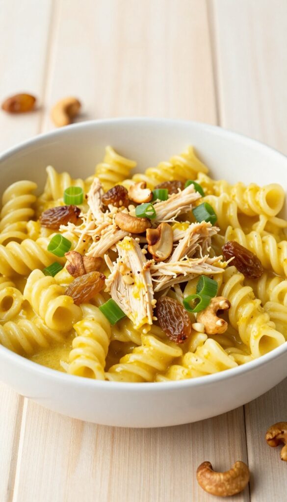 A bowl of curry chicken pasta salad with golden raisins and cashews on a wooden table.