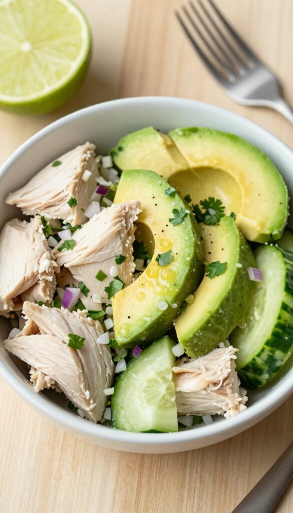 Avocado and cucumber canned chicken salad in a bowl on a wooden table with natural lighting