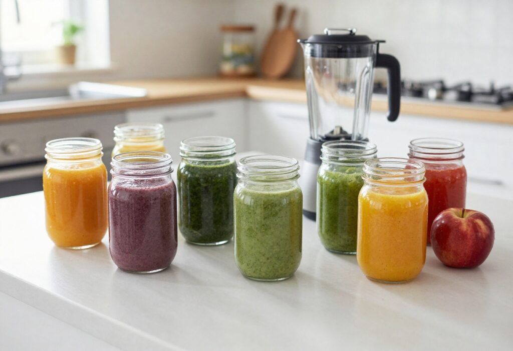 Meal prep for liquid diet with smoothies and broth on a kitchen counter