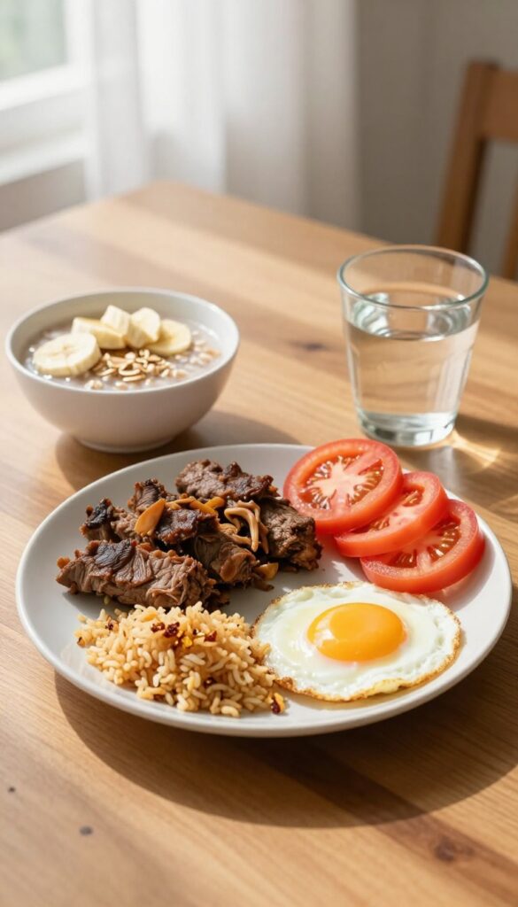 Filipino breakfast flat lay with tapsilog and oatmeal, illustrating a Pinggang Pinoy meal plan.