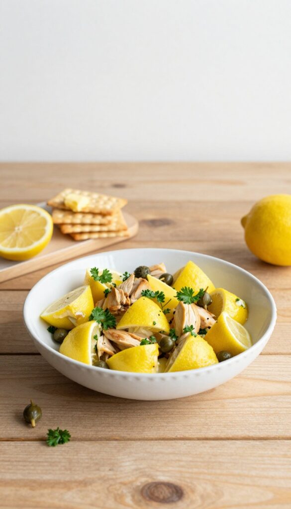 Lemony chicken salad with capers and crackers on a wooden table.