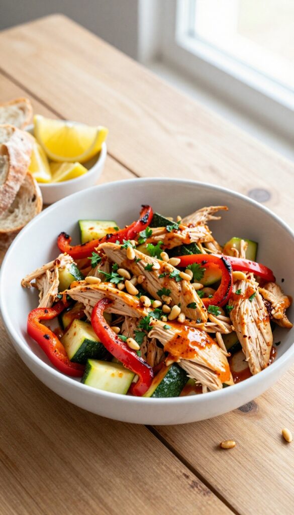 A bowl of smoky paprika chicken salad with roasted red peppers and zucchini on a wooden table, with crusty bread and lemon wedges.