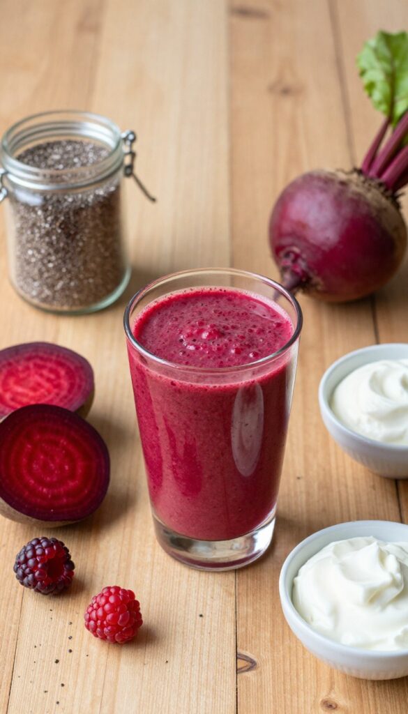 Beet berry smoothie with fresh ingredients on a wooden table