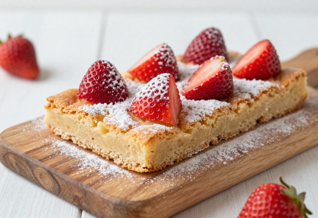 Strawberry blondie bar on a wooden board with fresh strawberries and powdered sugar