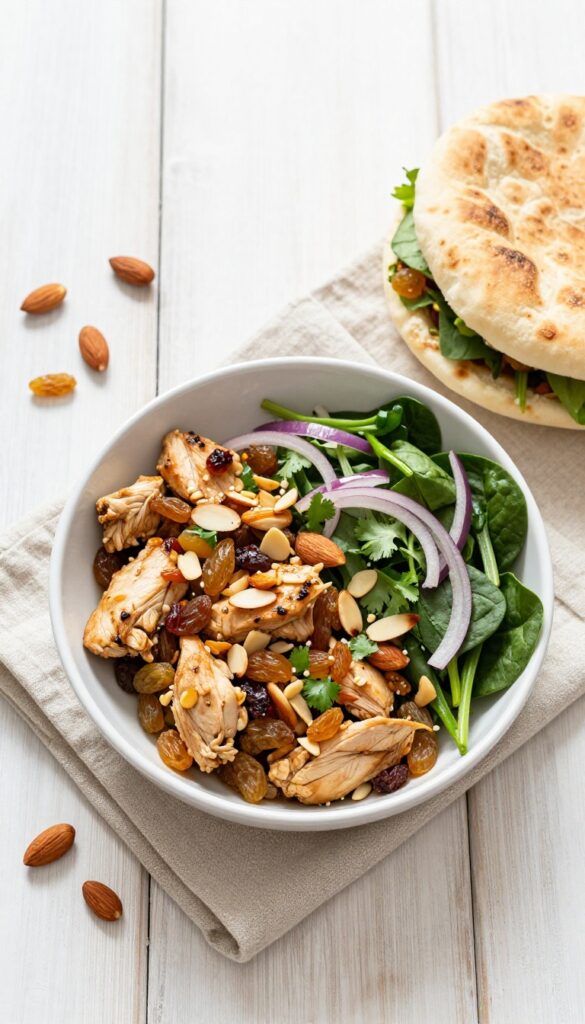 Curried chicken salad with golden raisins and almonds in a bowl with stuffed pita on a wooden table