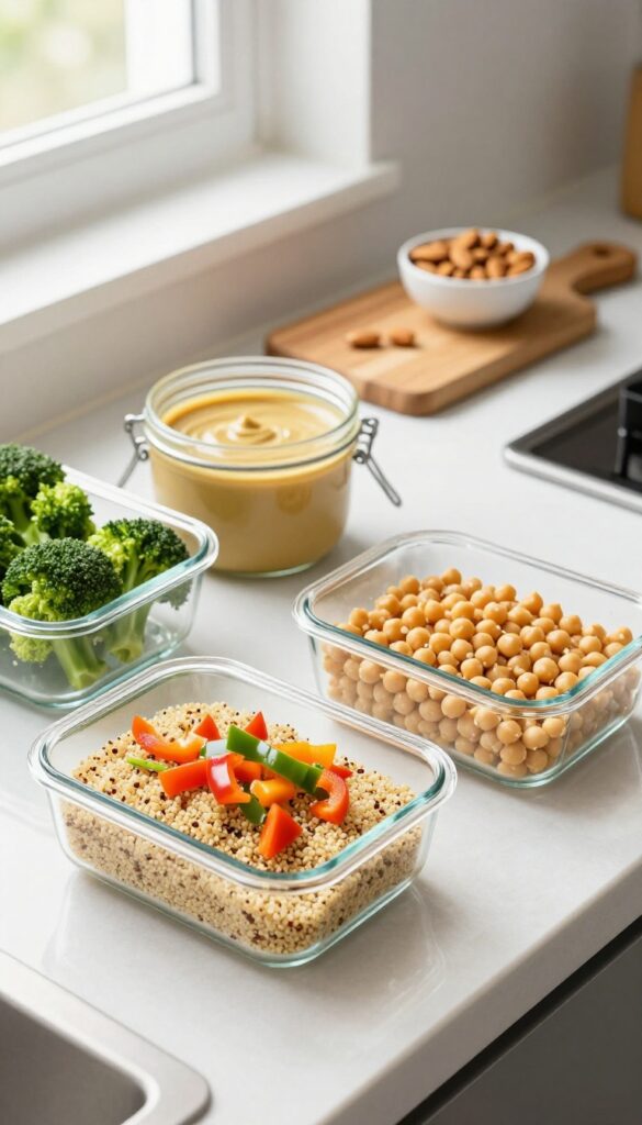 Prepped ingredients in glass containers on a kitchen counter, including quinoa, chopped vegetables, chickpeas, and tahini dressing.