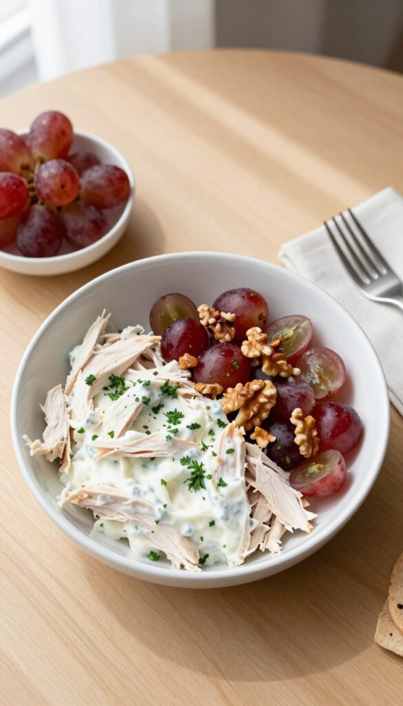 Greek yogurt chicken salad with grapes and walnuts in a white bowl, served with pita bread.