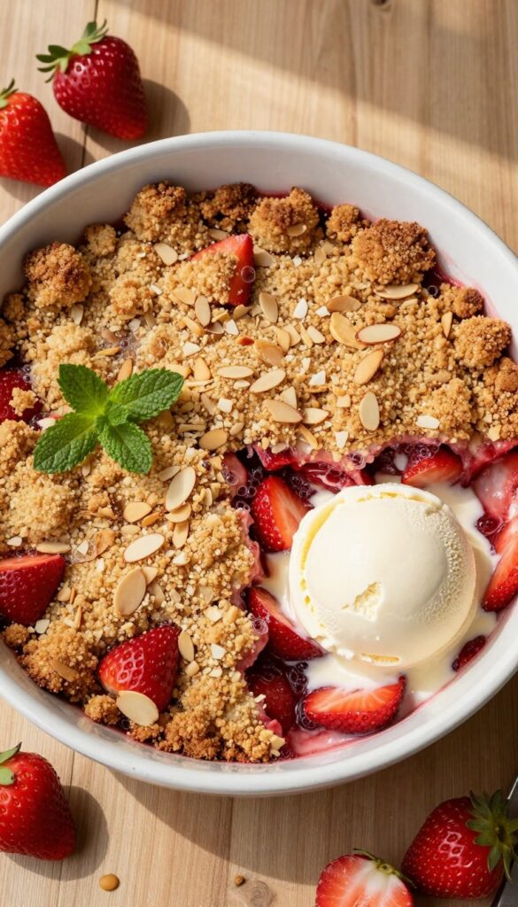 Gluten-free strawberry cobbler with almond flour topping and vanilla ice cream