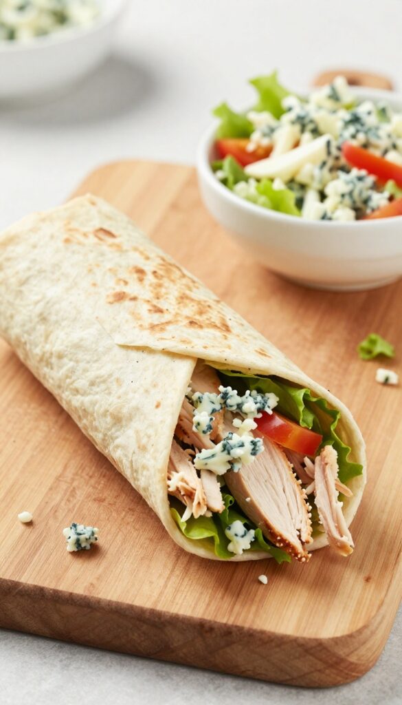 Buffalo chicken salad wrap with blue cheese slaw cut in half, on a wooden board with a side bowl of slaw.