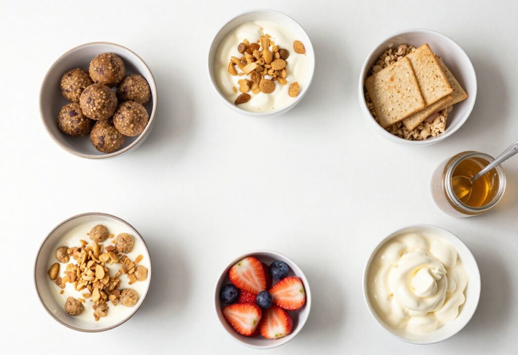 A collection of healthy diet desserts on a wooden table