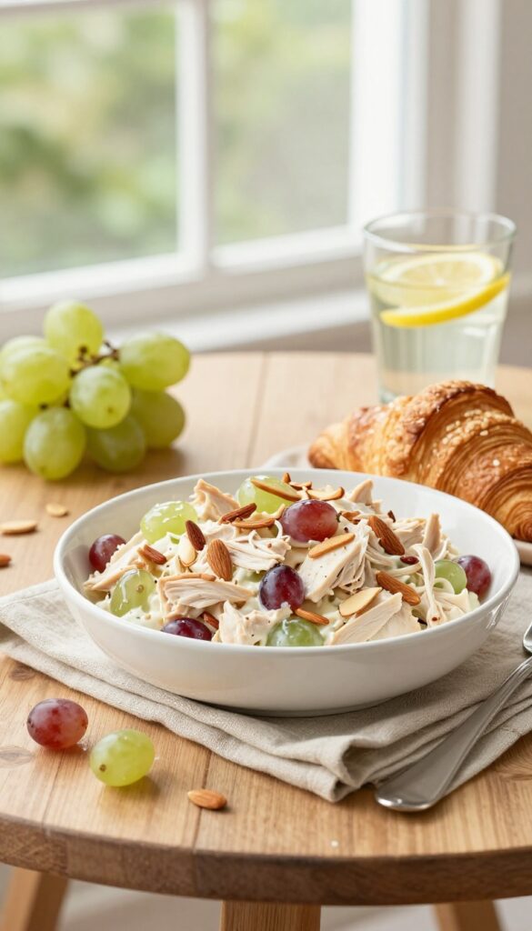 Close-up of grape and almond chicken salad in a white bowl on a wooden table with croissant and lemon water, bright natural light, spring freshness.
