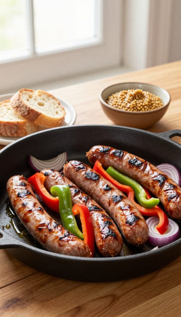Sheet pan of roasted Italian sausages with peppers and onions, served with crusty bread and mustard.