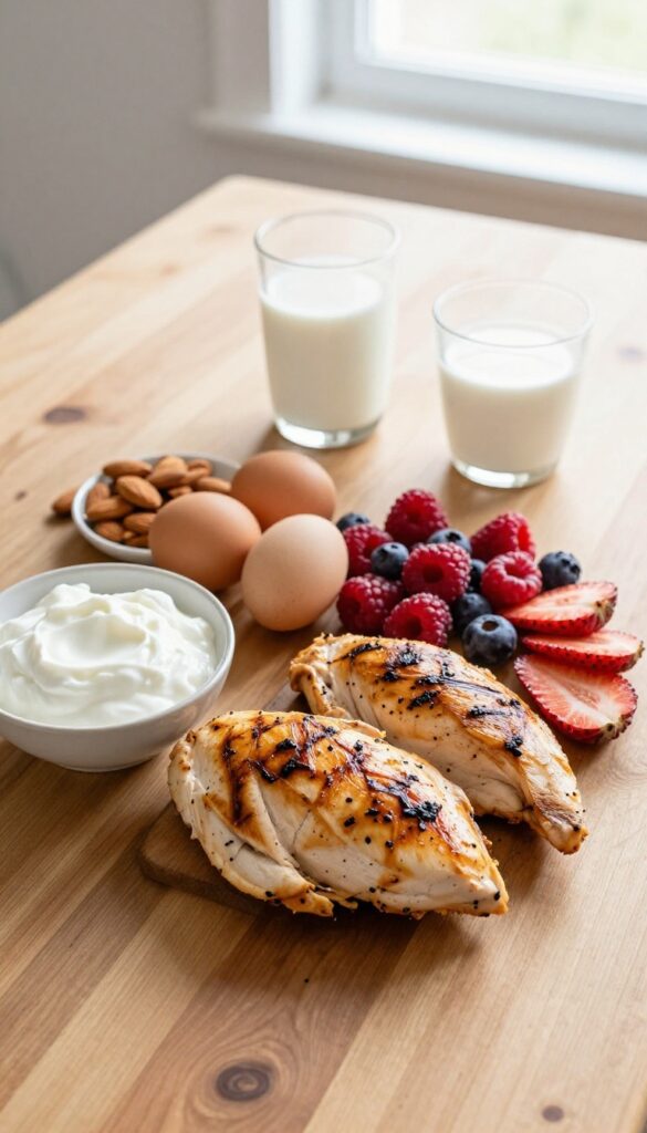 Overhead view of protein-rich foods including grilled chicken, Greek yogurt, eggs, almonds, and milk on a wooden table.
