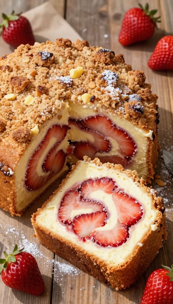 Strawberry cream cheese swirl coffee cake with streusel topping on wooden table
