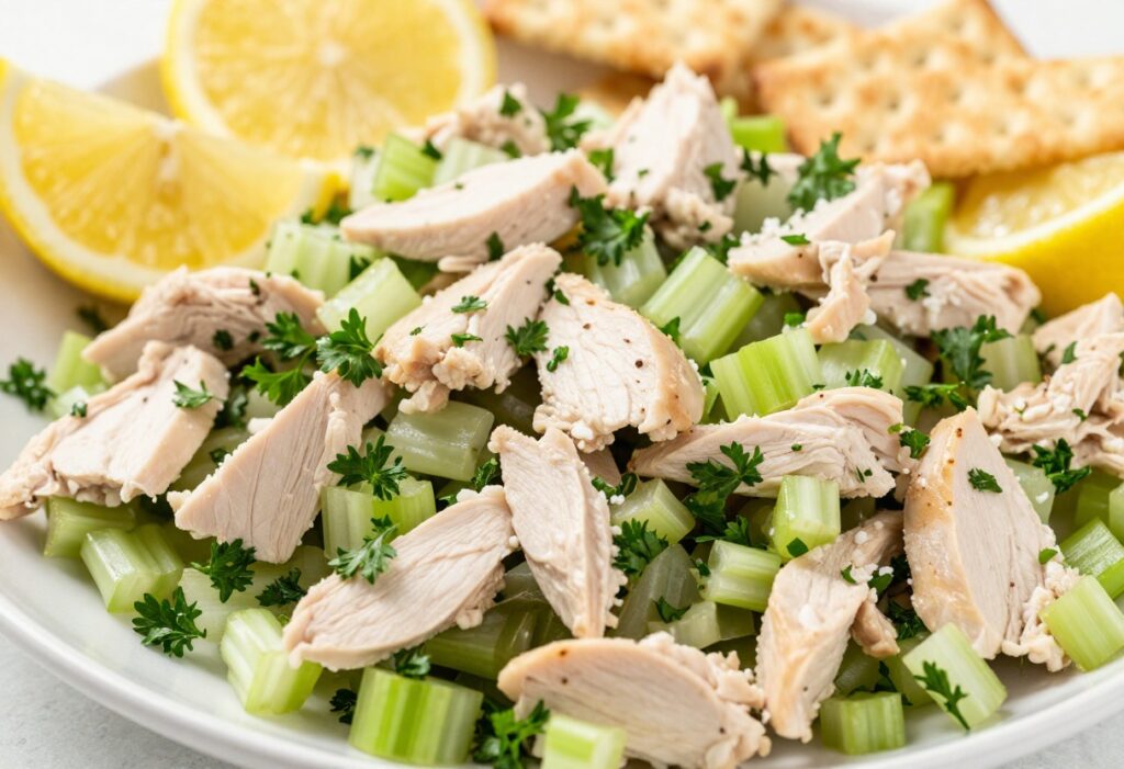 Bowl of creamy lemon chicken salad with celery and parsley, garnished with lemon wedges and crackers.