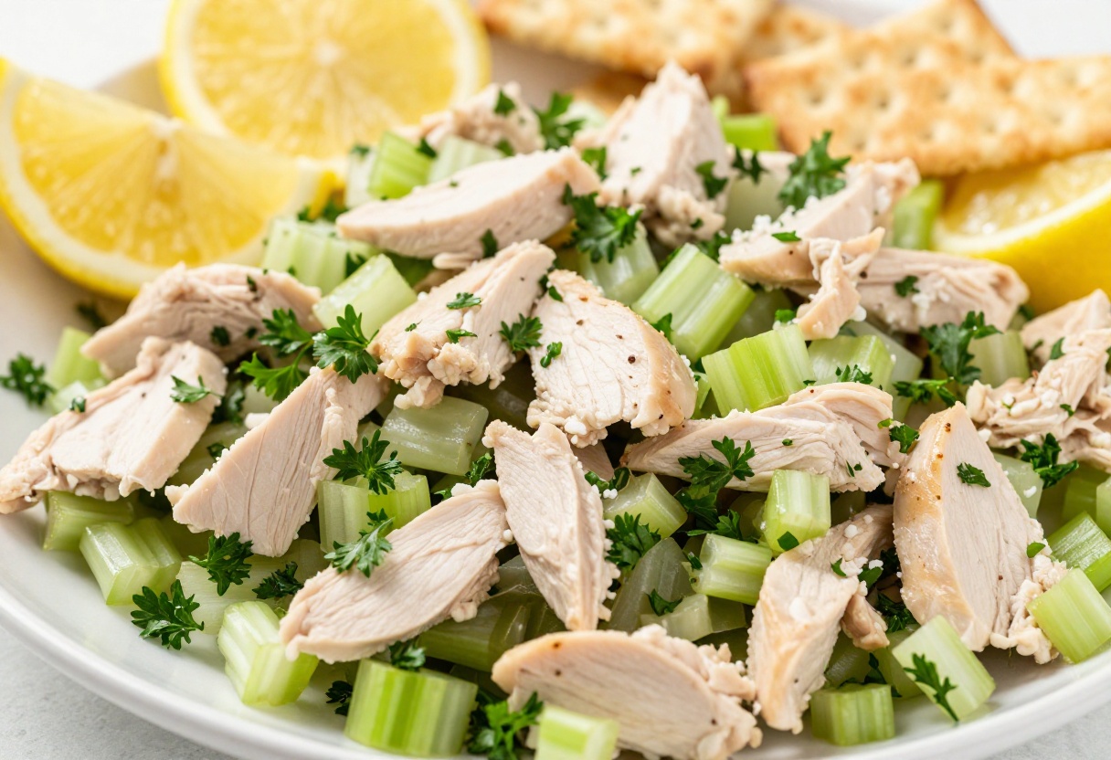 Bowl of creamy lemon chicken salad with celery and parsley, garnished with lemon wedges and crackers.