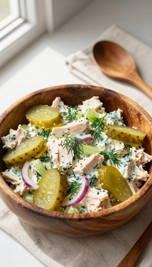 Tangy Dill Pickle Chicken Salad in a wooden bowl with pickles and dill garnish.