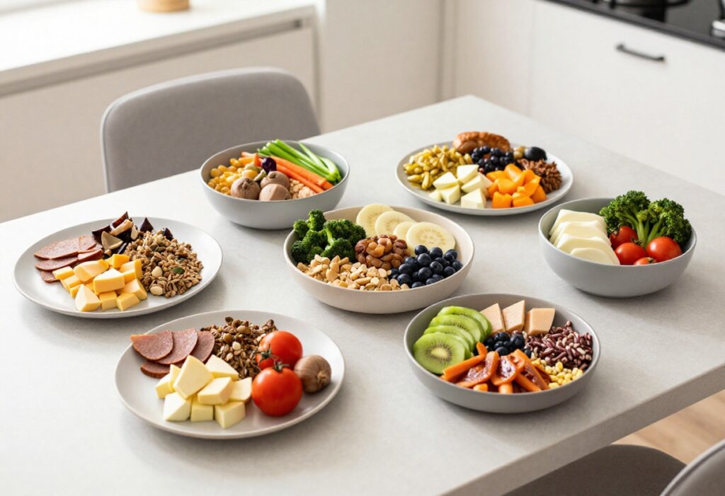 Anti-inflammatory meal with salmon, vegetables, and smoothie on a wooden table