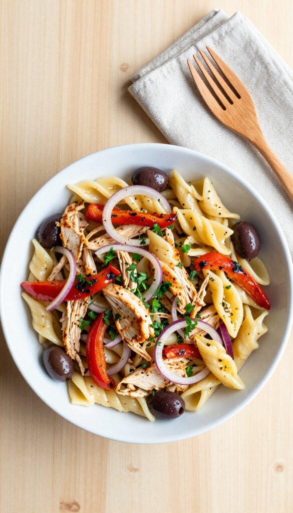 Smoked paprika chicken pasta salad with roasted red peppers and olives in a white bowl on a wooden table.