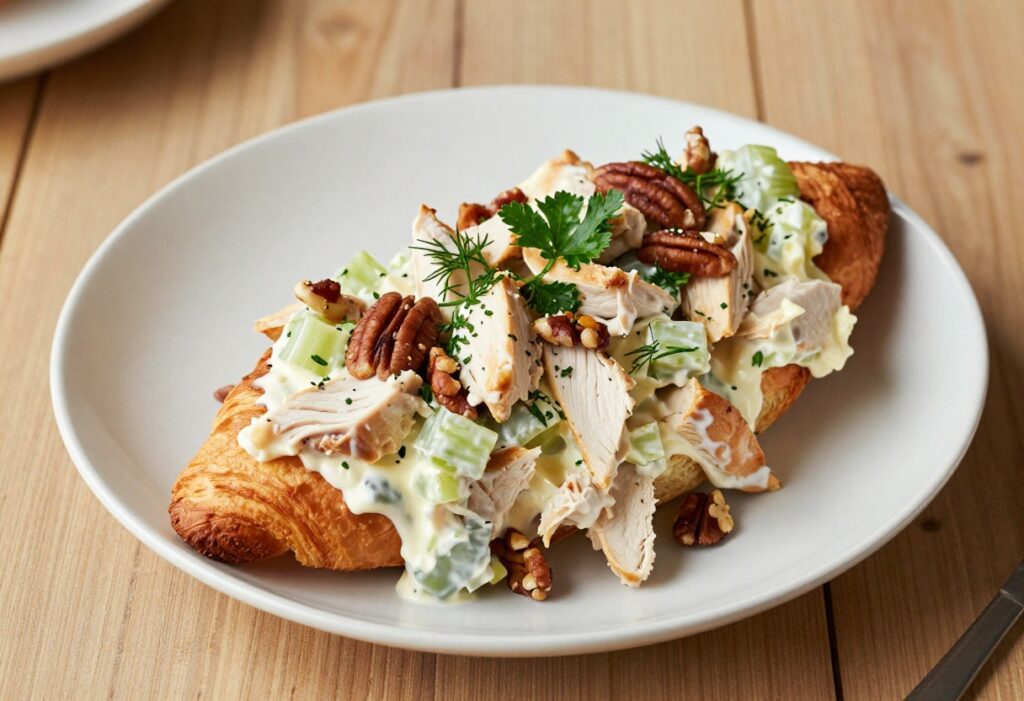 Creamy chicken salad on a toasted croissant with herbs and nuts