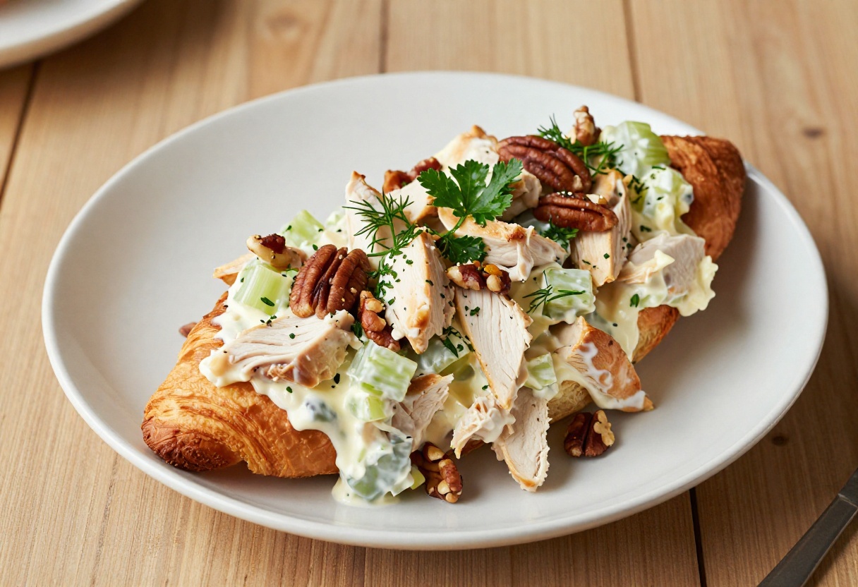 Creamy chicken salad on a toasted croissant with herbs and nuts