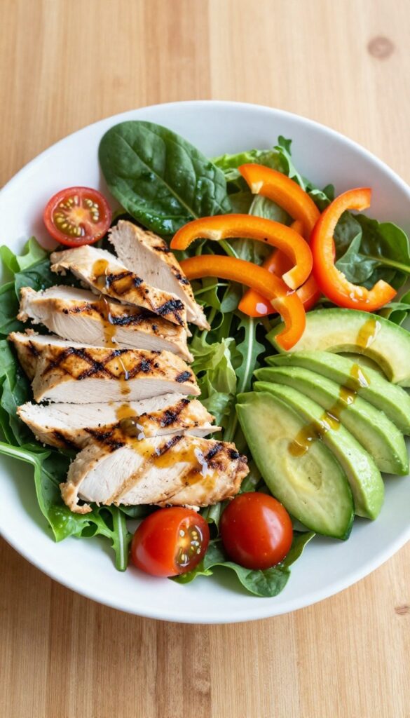 Grilled chicken salad with avocado and vinaigrette on a wooden table