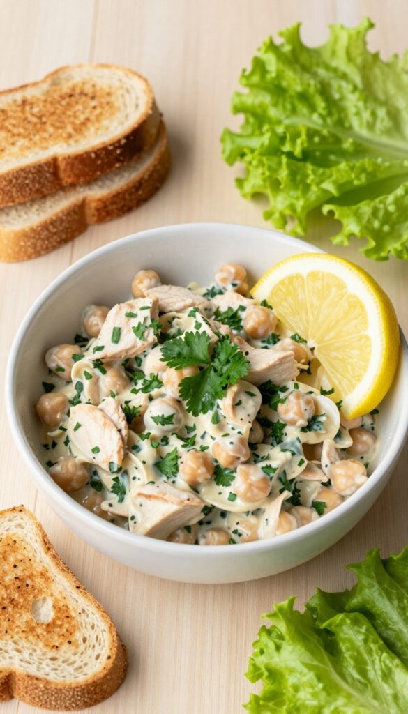 Creamy chickpea chicken salad in a white bowl with toast and lettuce on a wooden table.
