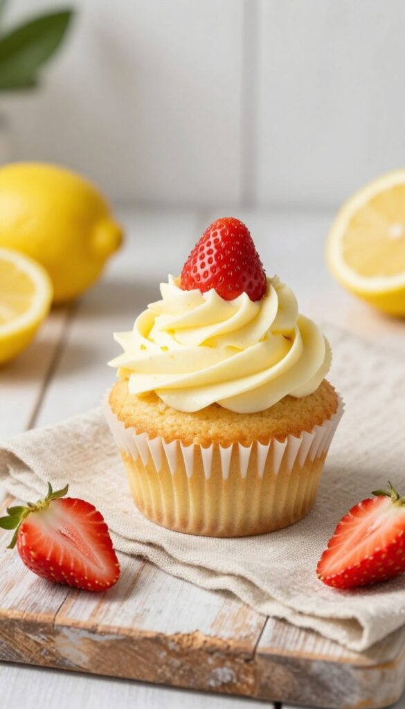 Strawberry lemonade cupcake with lemon buttercream frosting on a wooden table with fresh strawberries and lemon wedges