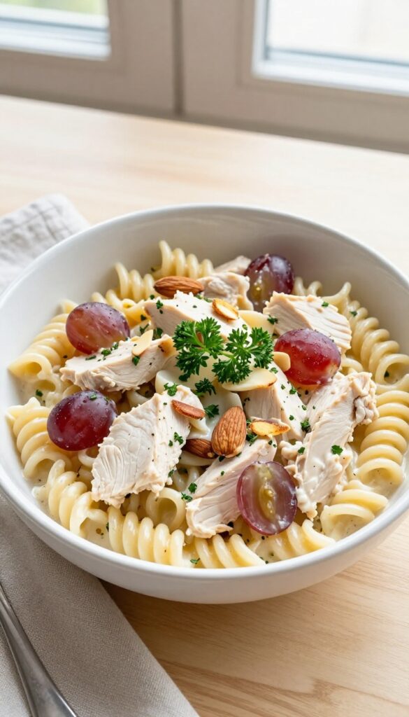 Creamy chicken pasta salad with grapes and almonds in a white bowl on a wooden table.