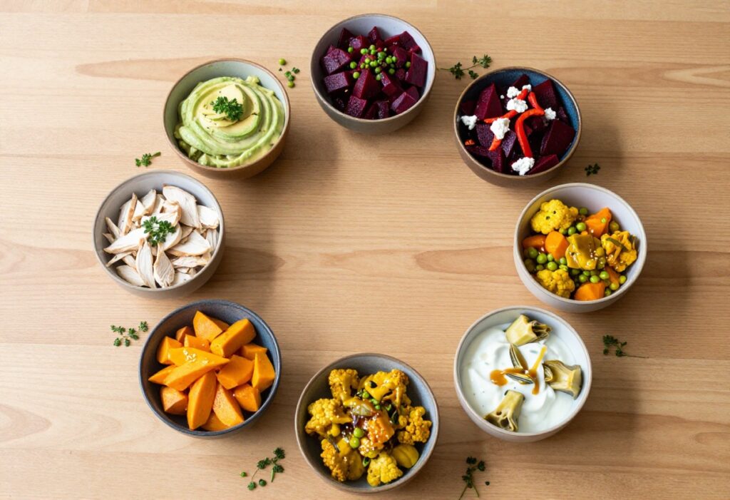 Seven bowls of chicken salad with various mellow veggie textures arranged on a wooden table.