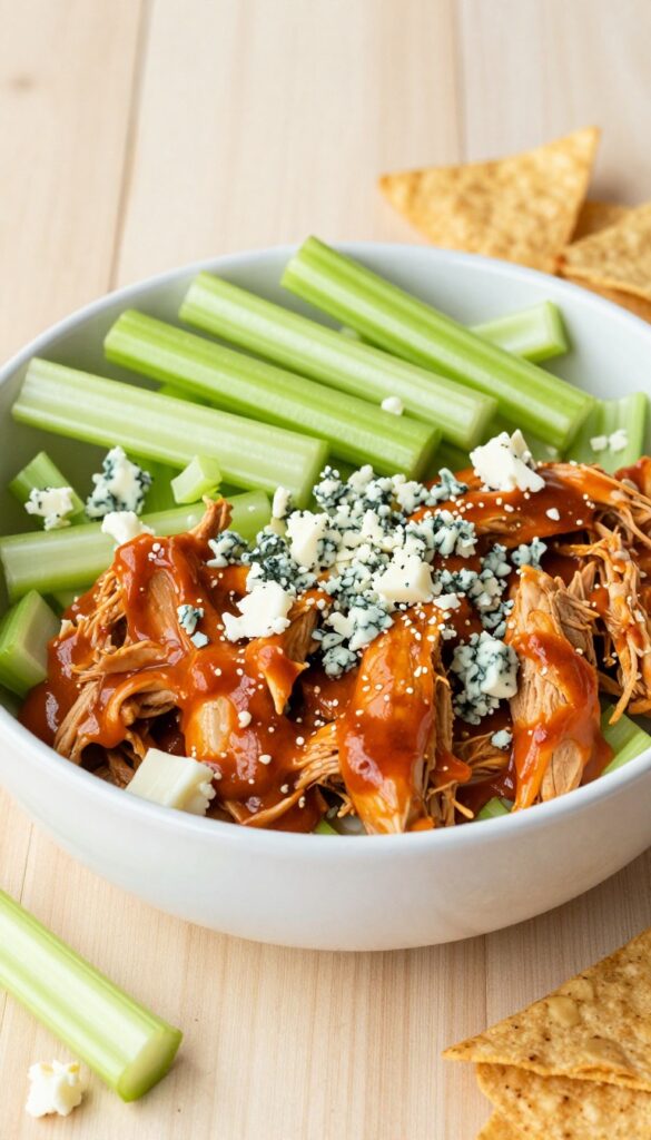 Buffalo chicken salad with blue cheese and celery in a white bowl, with celery sticks and tortilla chips on a wooden table.
