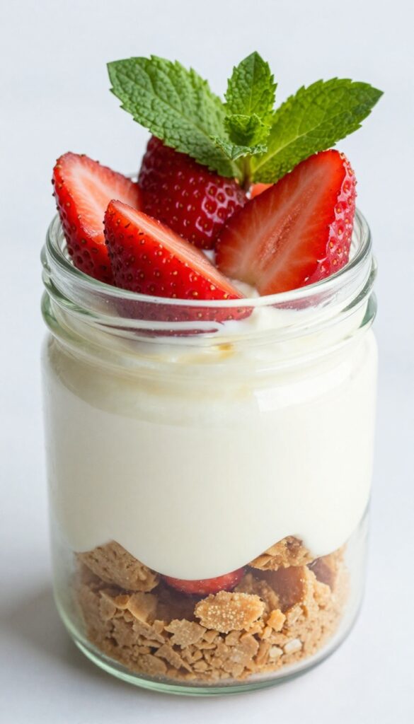 Strawberry cheesecake parfait in a glass jar with graham cracker crust, creamy filling, and fresh strawberry topping.