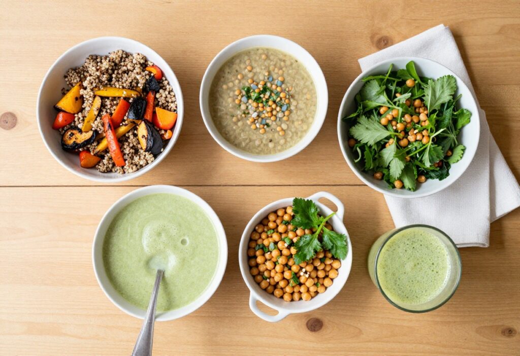 Colorful vegan meals arranged on a wooden table
