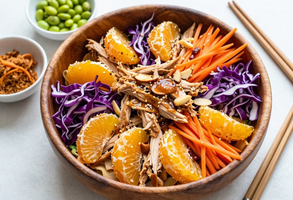 Overhead view of a bowl of Asian chicken salad with colorful ingredients and sesame dressing
