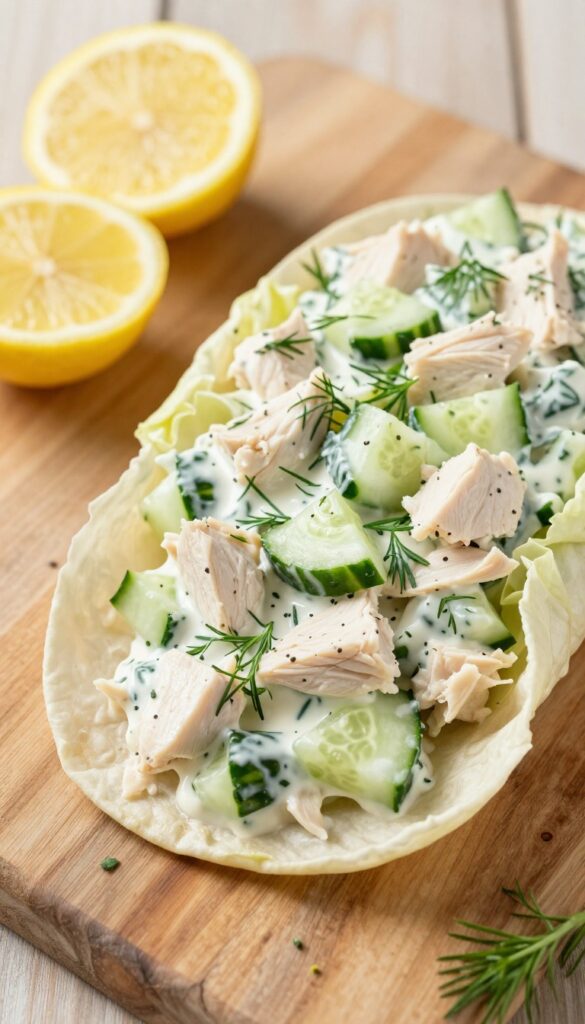 Cucumber-dill chicken salad in lettuce wrap on wooden table