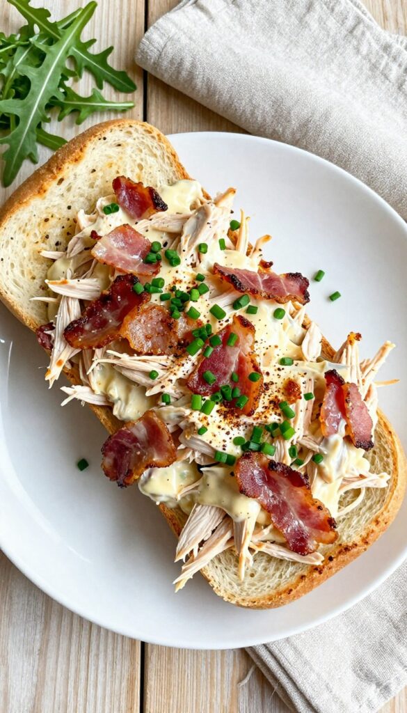 Smoky Bacon and Chive Chicken Salad on toasted brioche bun, garnished with chives and smoked paprika.