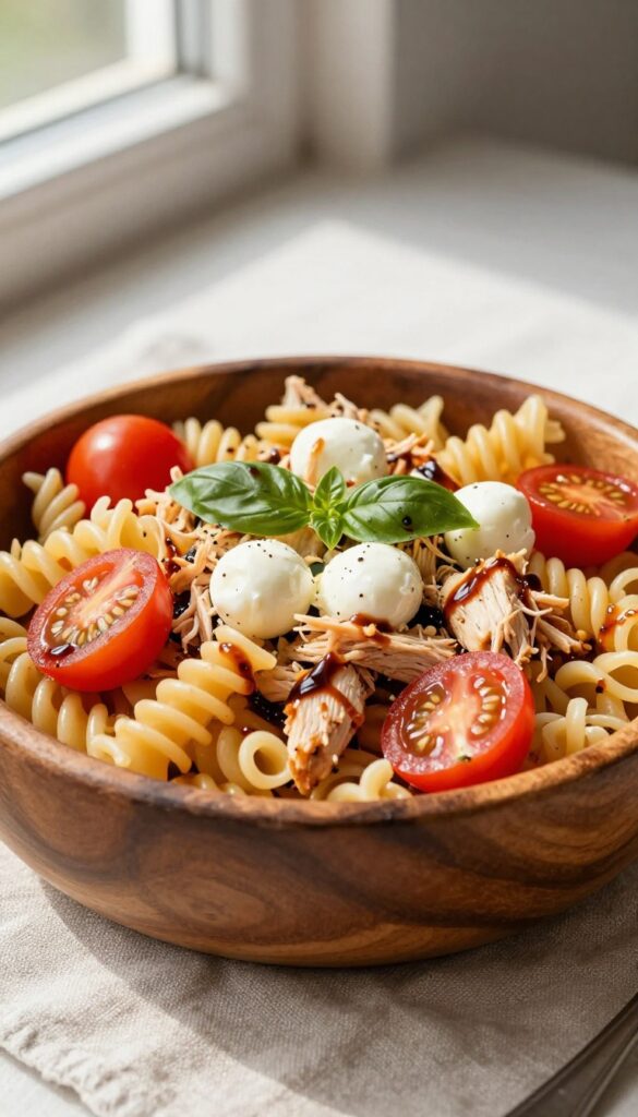 Caprese chicken pasta salad with cherry tomatoes, mozzarella, and basil in a wooden bowl