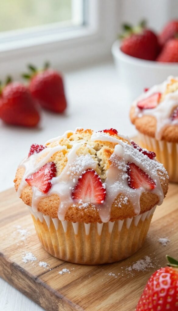Strawberry glazed muffin with glossy white drizzle on rustic table