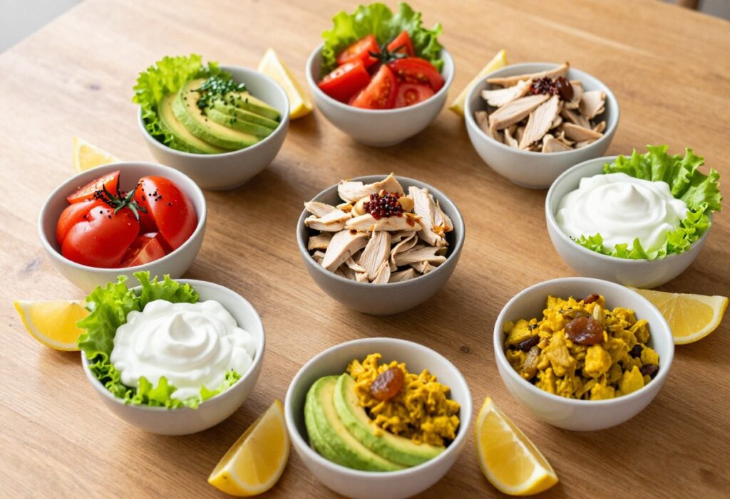 Eight small bowls of colorful chicken salads arranged on a wooden table with fresh greens and lemon wedges.